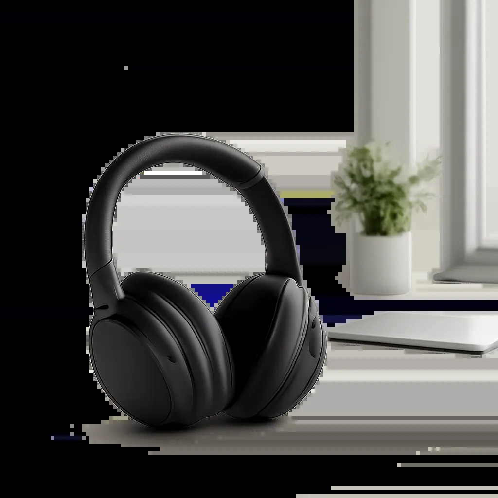 Visuel éditorial d’un casque anti-bruit premium dans un environnement de travail calme. L’image évoque le confort, la concentration et la réduction des distractions sonores au quotidien.