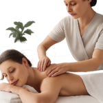 Illustration d’un massage du dos orienté récupération et détente, dans un univers propre et moderne. L’image évoque le soulagement des tensions musculaires après l’effort ou une journée assise.