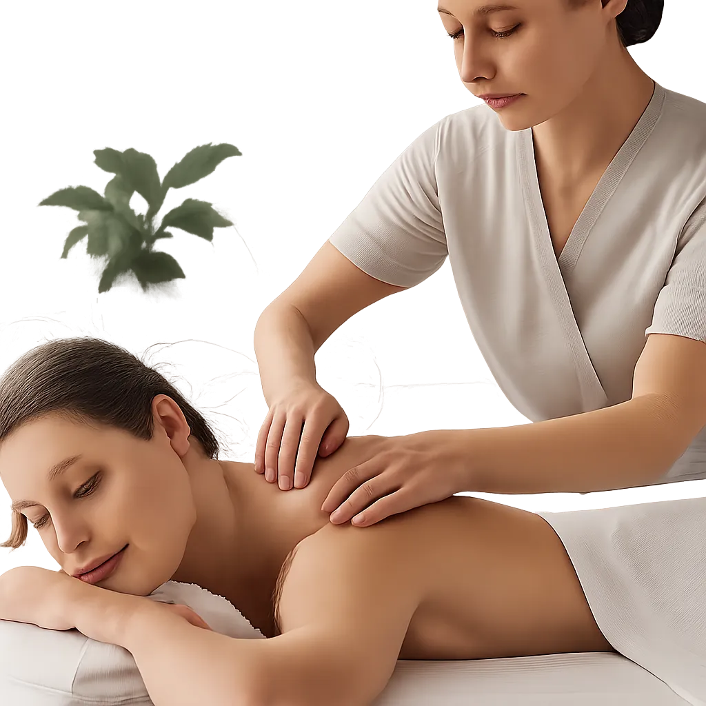 Illustration d’un massage du dos orienté récupération et détente, dans un univers propre et moderne. L’image évoque le soulagement des tensions musculaires après l’effort ou une journée assise.